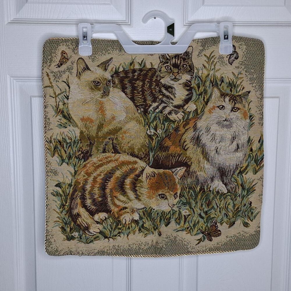 Cat and Butterfly Tapestry Throw Pillow Cover Gold Rope Trim Reversible